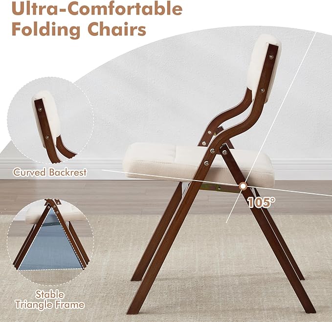 4-Pack Folding Dining Chairs with Cushion,Padded Foldable Dining Chairs,Portable Wooden Folding Chairs for Dining Rooms Kitchen Wedding and Party Indoor Beige