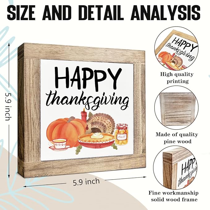 Happy Thanksgiving Wood Signs, Fall Decor Art, Decorative Wooden Plaque for Office Home Party Decors, Pumpkin Decoration, Thanksgiving Gift, Box Sign Wood Desk Sign Decor 5.9X5.9X0.7inches