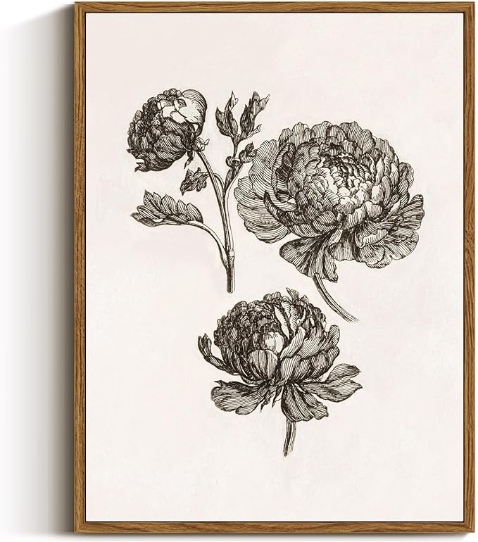 VIYYIEA Vintage Cottagecore Decor Framed Wall Art, Botanical Sketch Wall Art Bedroom Decor, Canvas Print Peony Pictures, Living Room Bedroom Country Decorations, 12x16 inch