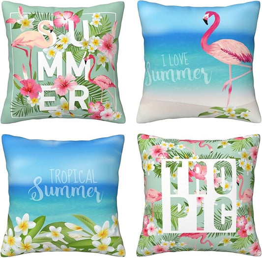 Summer Flamingo Decorative Throw Pillow Covers 18 x 18 Set of 4, Pink Bird Tropical Palm Leaves Flower Porch Patio Pillowcase, Beach and Blue Sky Pattern Cushion Case Decor