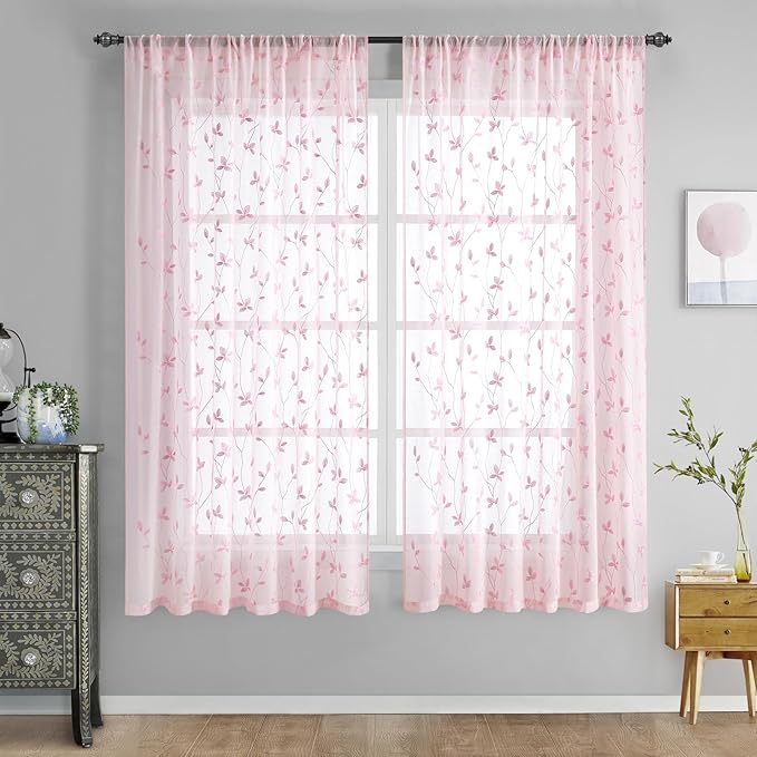 HOMEIDEAS Pink Sheer Curtains 52 X 63 Inches Length 2 Panels Embroidered Vine Floral Pattern Pocket Faux Linen Semi Sheer Voile Window Drapes for Bedroom Living Room