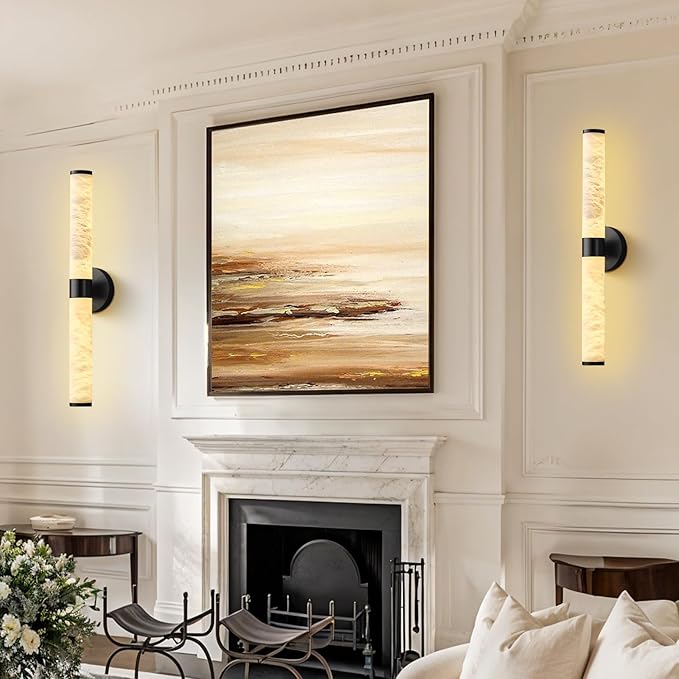 Alabaster Wall Sconce - 24" Black Wall Sconce Light, Modern Natural Spanish Marble Sconces Wall Lighting, Bathroom Vanity Sconces Wall Lights for Living Room, Bedroom, Hallway, Stairs, Matte Black