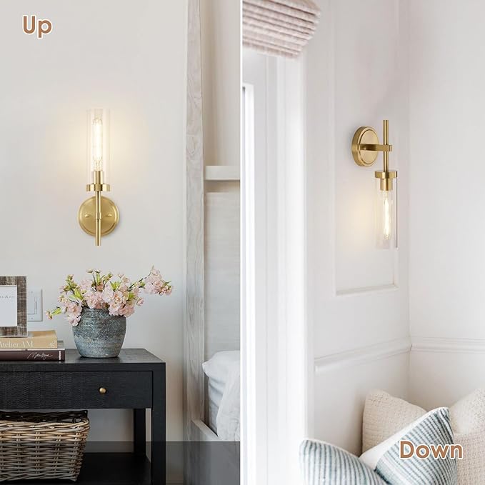 Hardwired Gold Wall Sconces Set of 2, Modern Bathroom Sconces Wall Lighting Vanity Light Fixtures with Clear Glass, Brushed Brass Wall Decor Lights for Mirror Living Room Bedroom Hallway Stairwell