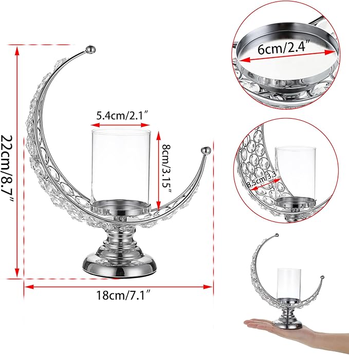 OwnMy Set of 2 Silver Moon Shaped Crystal Pillar Candle Holders Tealight Holders with Glass Covers, Metal Crystal Moon Pillar Candle Stands Votive Candlesticks Candle Lamps for Table Centerpieces