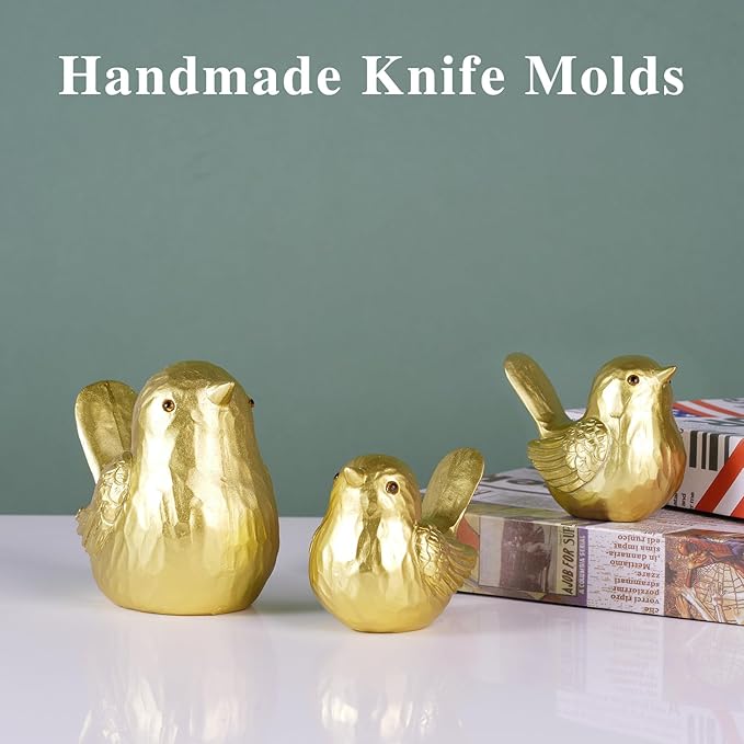Small Bird Statue Home Decor - Gold Bird Figurines Decorative Ornaments for Living Room, Bedroom, Office Desktop, Cute Country Decor (Gold, 1B & 2S)