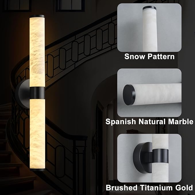 Alabaster Wall Sconce - 24" Black Wall Sconce Light, Modern Natural Spanish Marble Sconces Wall Lighting, Bathroom Vanity Sconces Wall Lights for Living Room, Bedroom, Hallway, Stairs, Matte Black