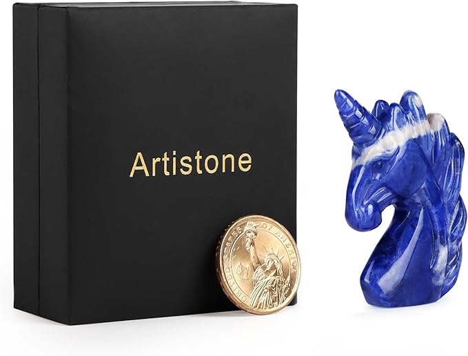 Artistone Crystal Unicorn Figurine Ornament Decor Hand Carved 2 Inches Sodalite Unicorn Statue Animal Healing Collectible Figurine Reiki Paperweight Home Office Girl Gifts