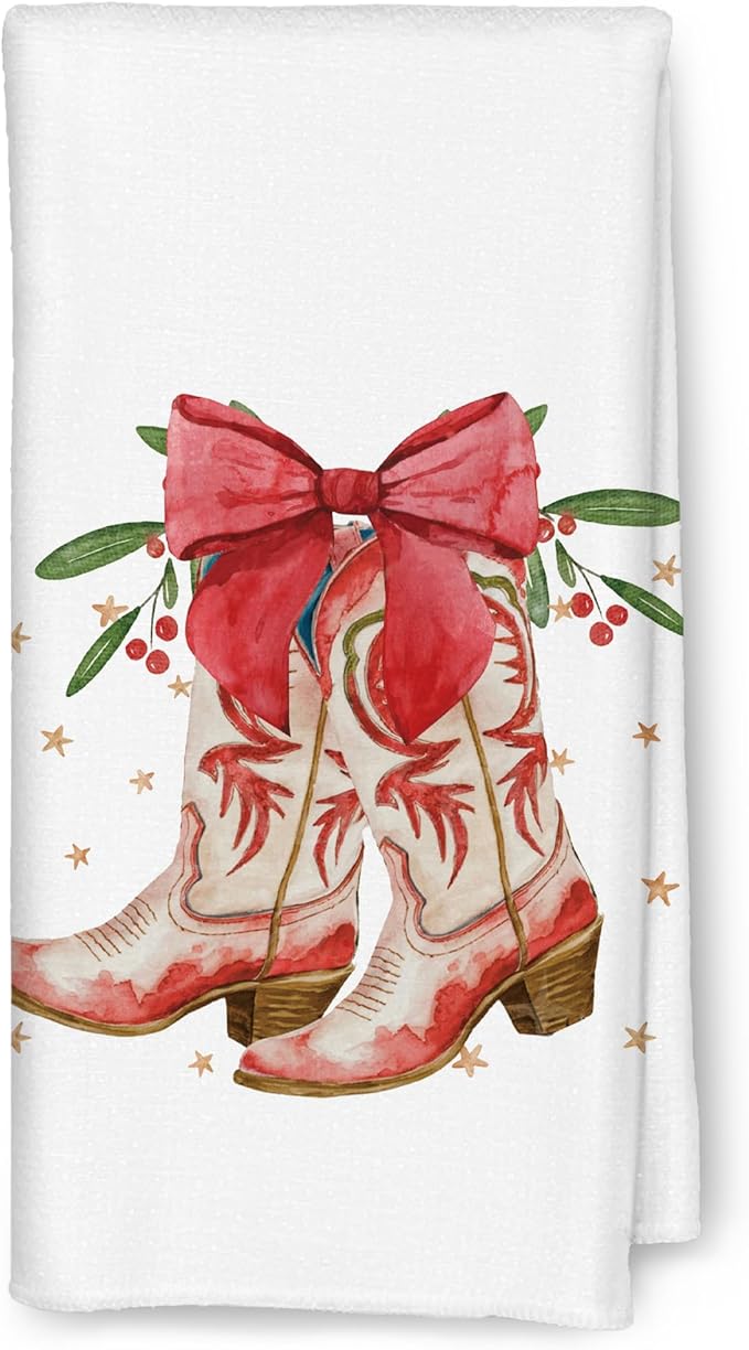 Western Christmas Kitchen Towels, Christmas Coquette Red Bow Cowgirl Boots Decorative Hand Towels for Bathroom, Christmas Dish Towels for Kitchen, Western Christmas Kitchen Bathroom Decor, 16x24 Inch