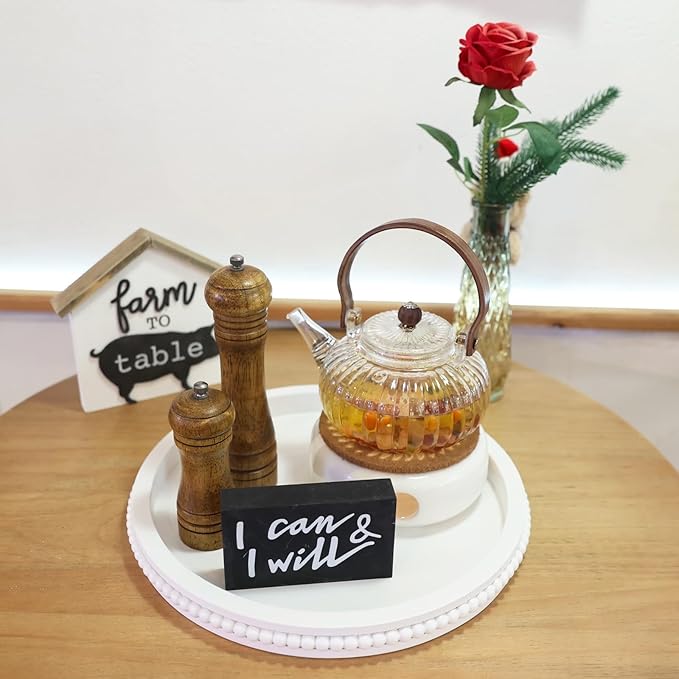 Round Wood Serving Tray with Beaded, 13” Rustic Wooden Decorative Coffee Table Tray for Centerpiece, Ottoman, Farmhouse Circle Trays for Counter, Living Room, Home Decor (White)