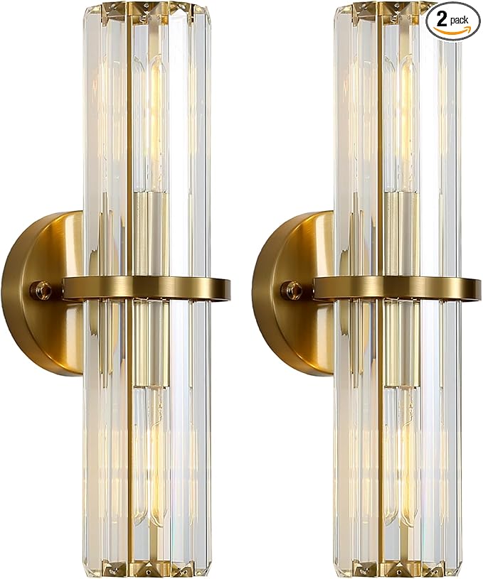 Crystal Wall Sconce Set of Two, Brushed Gold Bathroom Wall Light, Modern Sconces Wall Decor. 2-Light Luxury Indoor Wall Lamp 15.7-Inch for Living Room, Hallway, Mirror, Bathroom, Vanity. E26