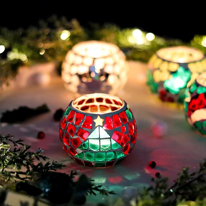 4 PCS Mosaic Glass Tealight Votive Candle Holders - Red & Green Christmas Table Centerpiece Decorations for Indoor/Outdoor Holiday Decor