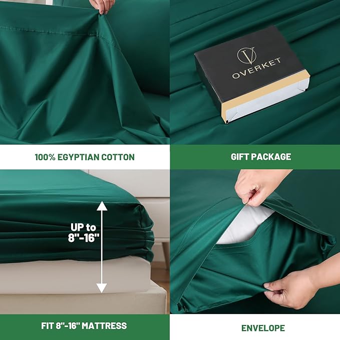100% Egyptian Cotton Sheets King Size 4PCS 1000 Thread Count Sateen Weave Soft Breathable 16-Inch Deep Pocket (King,Dark Green)