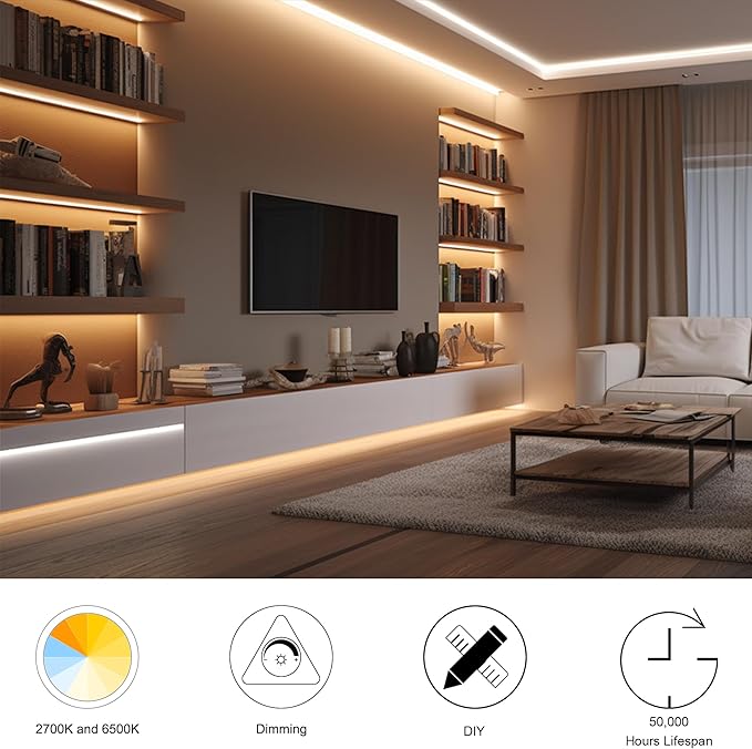 CCT COB LED Strip Lights, 6.56ft Dimmable 2700K-6500K 24V Tunable White LED Light Strip Kit, High Density CRI 90+ LED Strips with Remote Controller and Power Supply, for Bedroom Kitchen Home Lighting