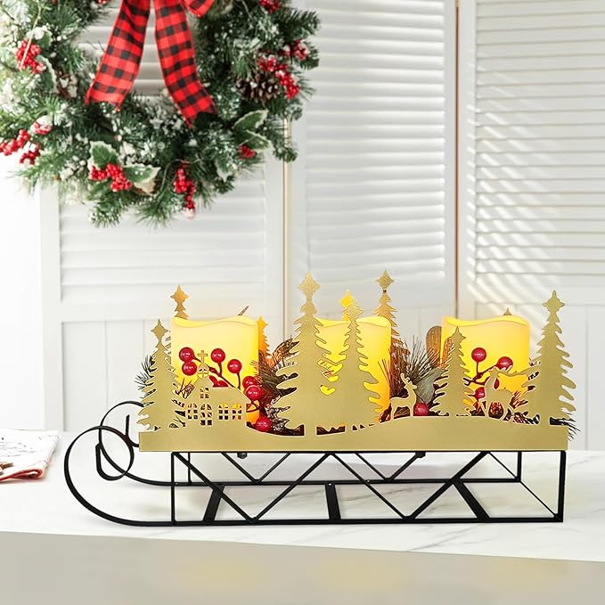 Christmas Sleigh Table Centerpieces Decorations, Xmas Gold Cut-Out Tree Sleigh LED Candle Candelabrum with Timer Holiday Candle Holder for Home Party Table Mantel Decoration