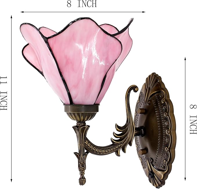 Tiffany Wall Sconce Lamp Blue Stained Glass Flower Style 8X10.5X11 Inch Plug in Wall Bedside Light for Hallway Bedroom (Pink Flower Style)