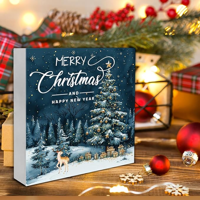 Christmas Signs, Merry Christmas Wooden Sign Deer Decor, Happy New Year Wooden Block Sign, Christmas Home Decor for Table Shelf 5 x 5 Inch