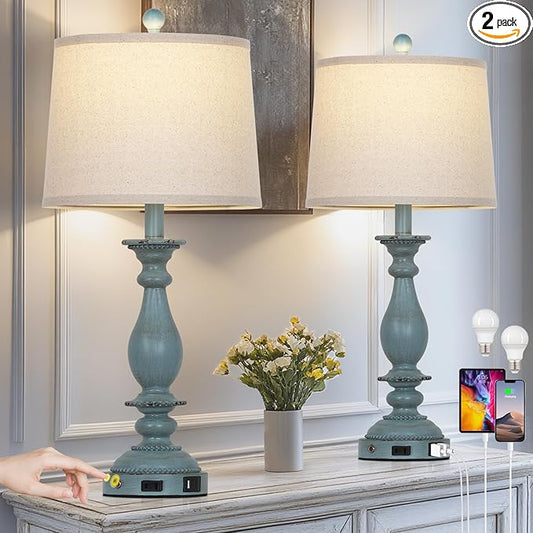 28" Tall Coastal Table Lamps for Living Room Set of 2, Farmhouse Rustic Blue Bedside Touch Lamp with USB C+A Ports & Outlet, 3-Way Dimmable Resin Nightstand Lamps for Bedroom Side End Table