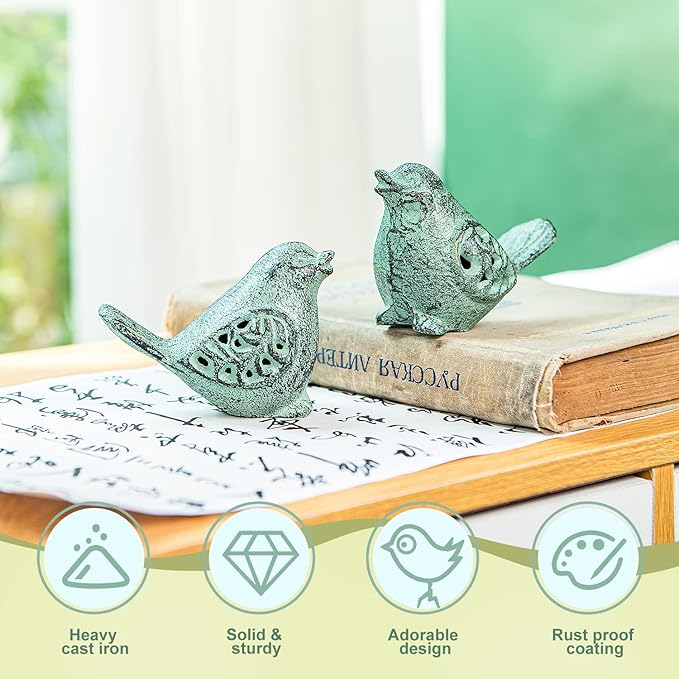 Sungmor Cast Iron Desktop Ornament - Graceful Hollow-Carved Birds Sculpture Home Decoration - Decorative & Lovely Animal Figurine Indoor Outdoor Statues - 2PC Pack & Green Color