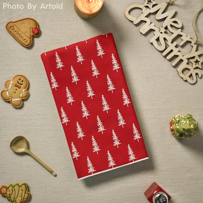 Artoid Mode Red Xmas Tree Christmas Kitchen Towels Dish Towels, 18x26 Inch Farmhouse Holiday Winter Decoration Cleaning Set of 2