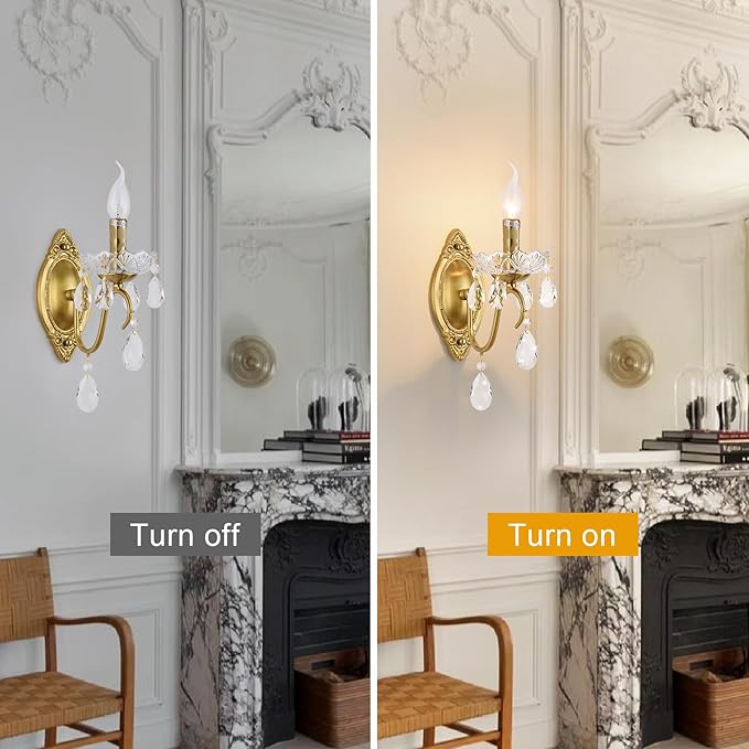 Crystal Wall sconces Set of Two, Gold sconces Wall Set of 2, Vintage Crystal Wall Light, Candelabra Wall Sconce Light Fixture, Gold Brass Finish, 1-Light with Glass Drops