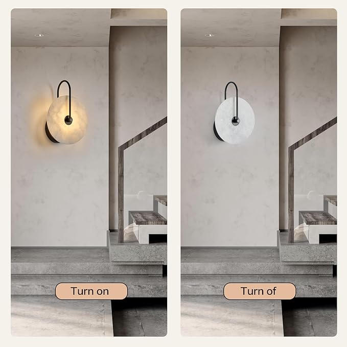 Round Alabaster Wall Sconce, Natural Marble Lampshade Wall Sconce, Hardwired Circular Sconce LED Modern Wall Lamp for Bedroom, Stairs, Living Room, Bedside, Hallway 7.84 Inch Black