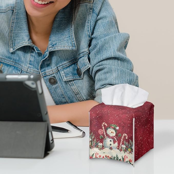 Christmas Tissue Box Holder Square Tissue Holder Organizer Modern Napkin Cover for Bedroom Dresser Night Stand Office Desk PU Leather Decorative Organizer Red Home Decor