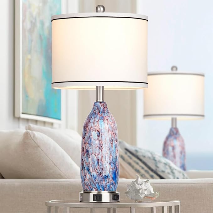 26" Coastal Glass Table Lamps Set of 2,Nautical lamp with USB A+C Ports & AC Outlet,Bule Bedside Lamps with 3-Way Dimmable Touch Control Night Light for Bedroom Living Room(Bulbs Included)
