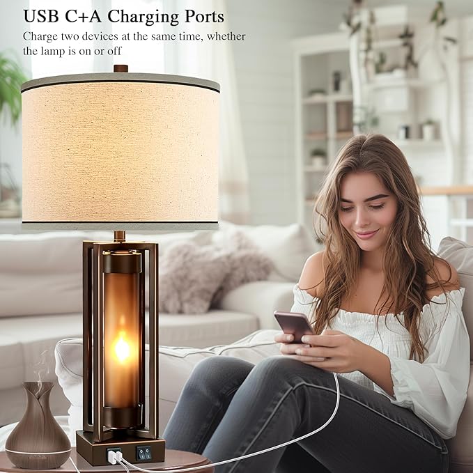 RORIANO Rustic Table Lamps for Living Room with USB C+A Ports, Farmhouse Vintage Nightstand Lamp with Amber Acrylic Night Light, Retro Desk Lamp for Bedroom Entryway Dorm, 2 Bulbs Included (Brown)