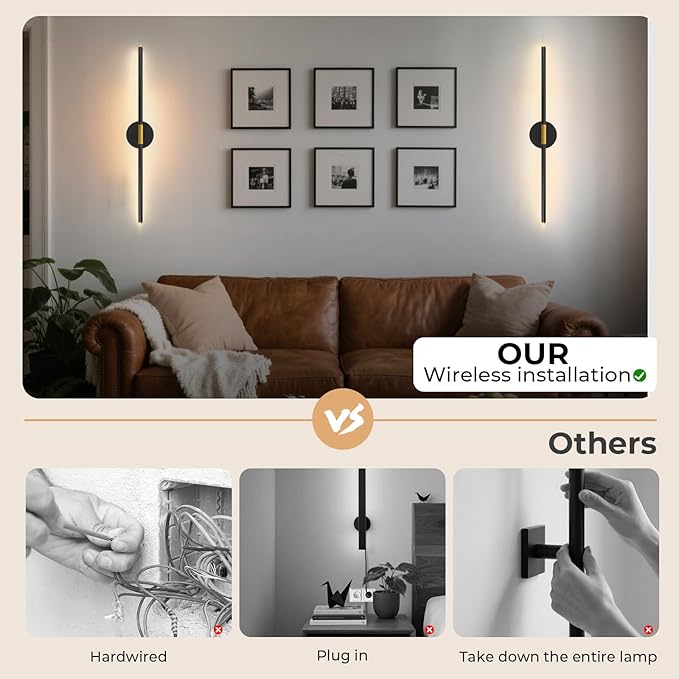 Battery Operated Wall Sconces Set of 2, Detachable Wireless Wall Lamps 360°Rotate, 10000mAh Rechargeable Wall Lights for Bedroom, Living Room,3000-6500K Dimmable, 28 Inch Black and Gold