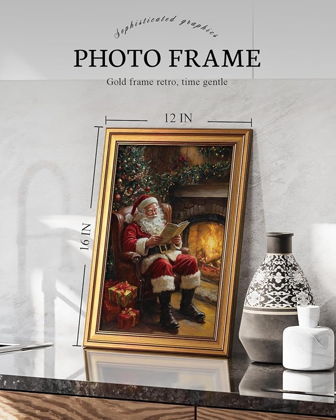 VIYYIEA Vintage Gold Framed Wall Art for Living Room, Christmas Canvas Prints Home Decor, Oil Painting Picture, Bedroom Wall Decor Gifts for Friends or Family -【Santa Claus Reading 】-(16L x 12W)