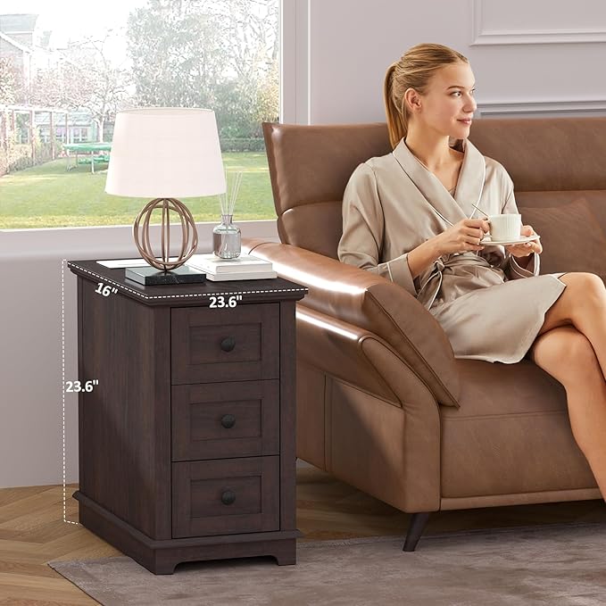 HIFYOBRO End Table Set of 2, 3 Drawers & Charging Station, Type-C & USB Port & Power outlets, Narrow Wooden End Table, Side Table with Storage for Living Room, Bedroom Nightstands