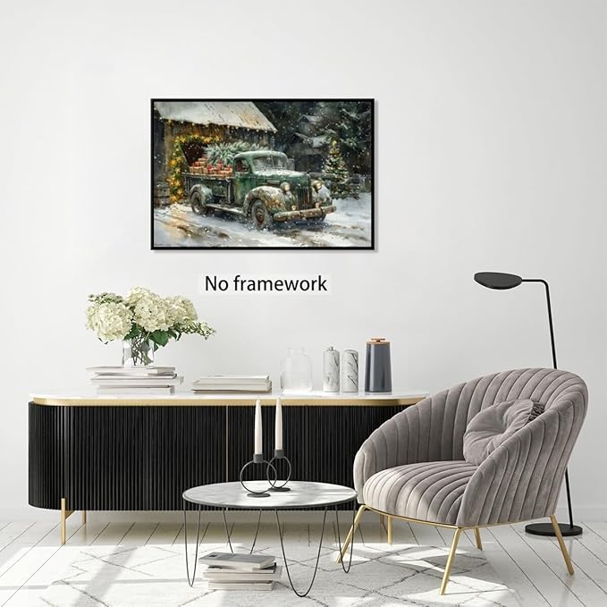 Medpol Vintage christmas truck wall art festive holiday decor canvas poster winter christmas gift snowy barn and tree for countryside cottage decor Unframed24x16inch