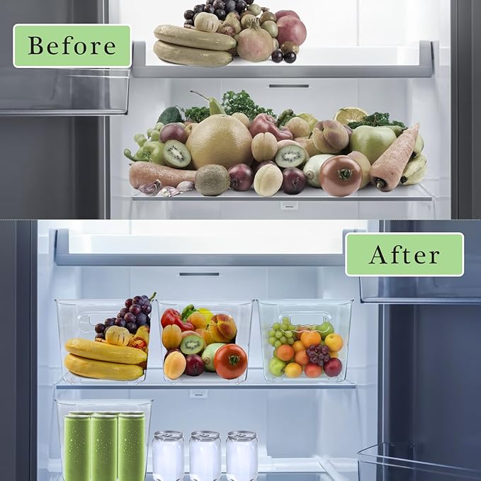 4 Pack Plastic Storage Bins, Clear Refrigerator Drawer Organizer Containers with Handles, Stackable Pantry Organization Boxes for Home Kitchen Fridge Freezer Cabinet Bathroom