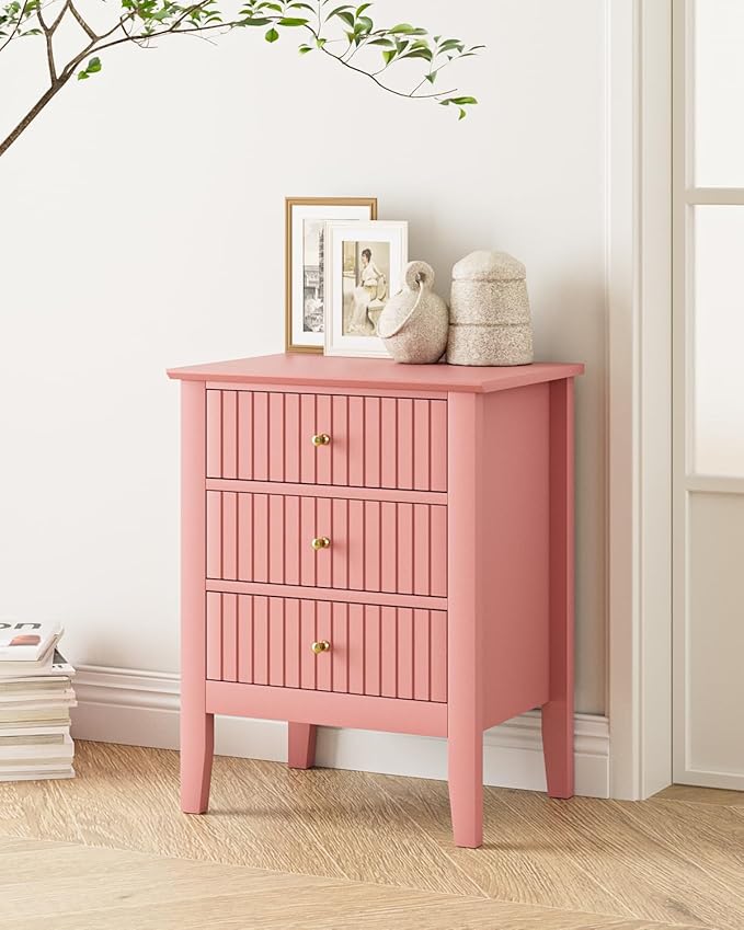 Fluted Nightstand, Farmhouse Night Stand with 3 Drawers, Mid Century Modern Side Accent Table,Bedside End Table for Bedroom, Living Room, Pink