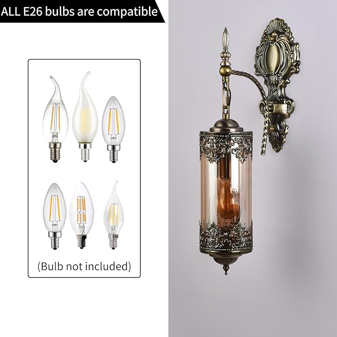 Rustic Wall Sconce with Amber Glass,Vintage Antique Gothic Wall Light Fixture E26 Mid Centry Lantern Bedside Sconces Wall Lighting for Living Room Bathroom Hallway Mirror