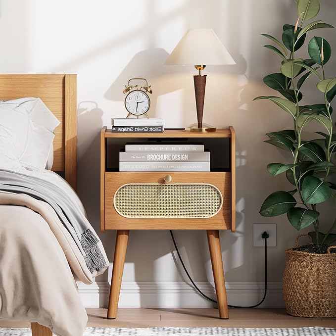 Night Stand Set 2, Mid Century Modern Nightstands, Wooden Bedside Table with Charging Station & Rattan Drawer, Boho End Table with Storage, Solid Wood Legs Side Tables for Bedroom, Cherry