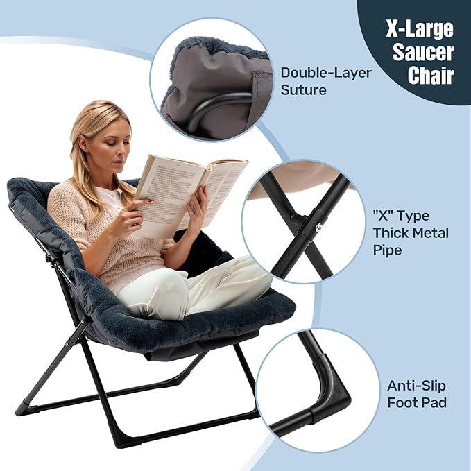 HollyHOME X-Large Saucer Chair, Comfy Oversized Folding Chair, Faux-Fur Reading Chair for Teens, Adults, Foldable Accent Lazy Chair, Metal Frame Lounge Chair for Living Room, Bedroom, Dorm, Navy Blue
