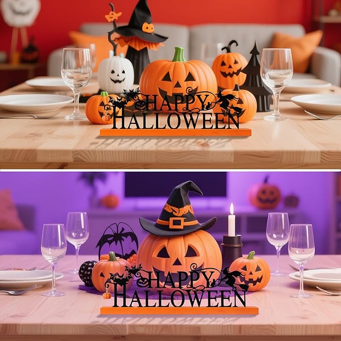 Metal Holiday Table Sign Decor, Decorations Tabletop Centerpiece for Home, Office, Shelf, Tiered Tray, Mantel, Indoor, Merry Christmas, Happy Halloween