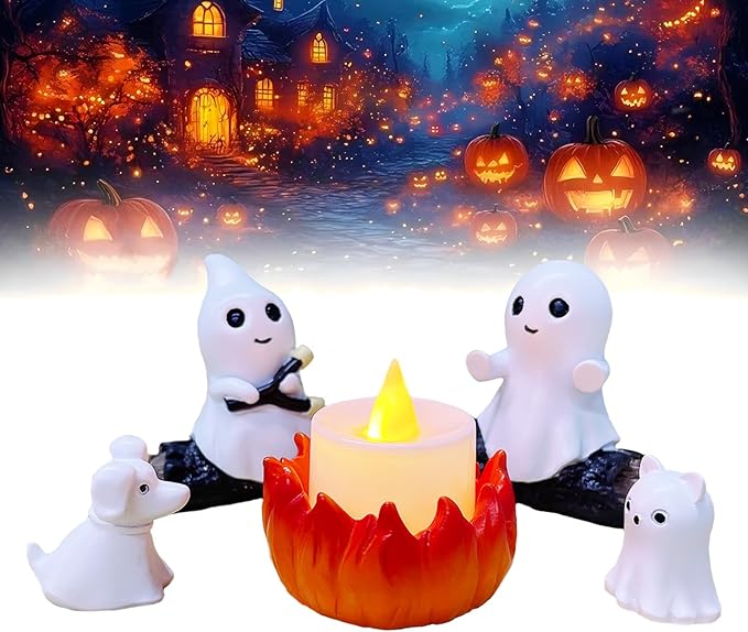 2025 Ghost Campfire Nightlight, Spooky Ghost Halloween Decorations Indoor, Cute Halloween Ghost Figurine, Funny Halloween Decor for Home Mantel Tabletop Party (with Cat and Dog)