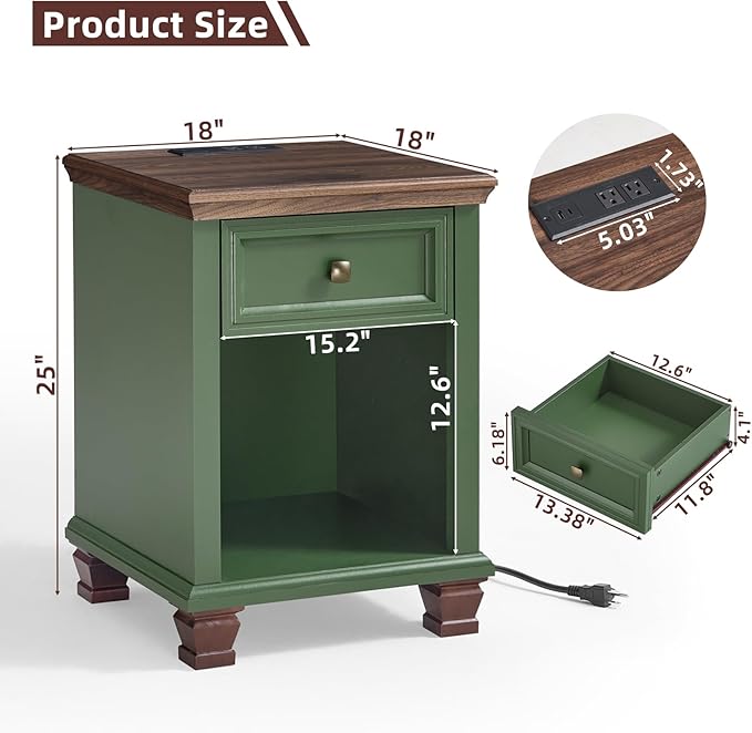 Farmhouse End Tables Living Room Set of 2, Rustic Wood Nightstand with 1 Drawer, Bedside Table with Open Shelf for Bed Room, Side Table for Living Room, Green