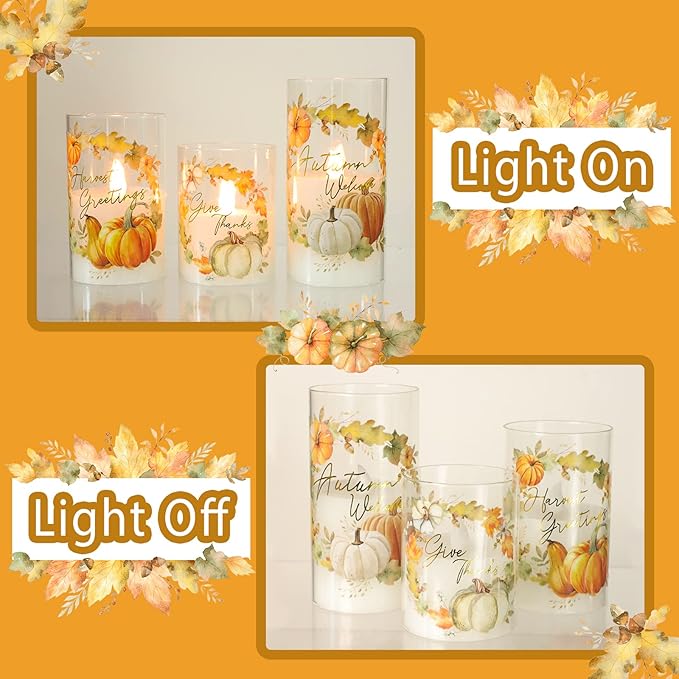 Glass Flameless Candles Flickering Battery Operated with Remote Pumpkin Theme Farm House Realistic Pillar Candle for Fall Decor Havest Celebration Home Party, Set of 3