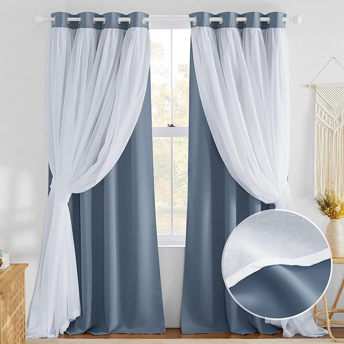 NICETOWN Bedroom Curtains for Kids, Room Darkening Thermal Insulated Sliding Glass Door Curtains for Living Room Double Layer Curtains with Crushed Sheer Overlay, 52" W x 84" L, 2 Panels, Stone Blue