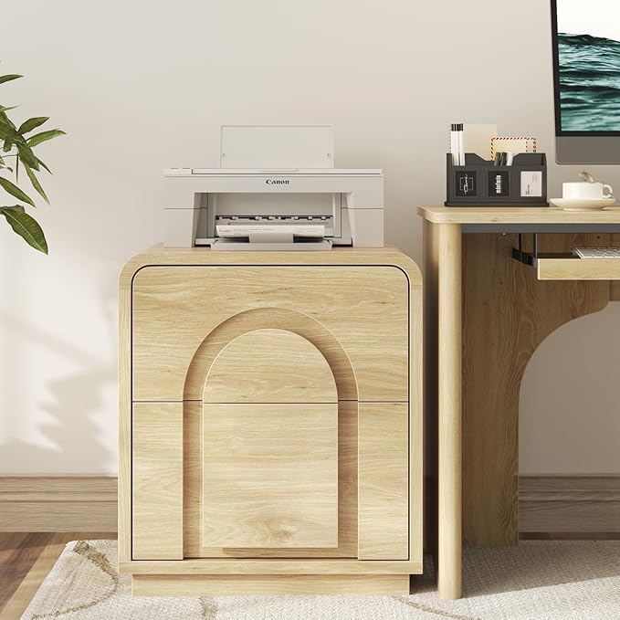 Bestier Night Stand Set of 2, Nightstands with Charging Station, Mid Century Modern Bedside Table with 2 Drawers Storage, Arch Design Doors, Curved Profile, Side End Tables for Bedroom