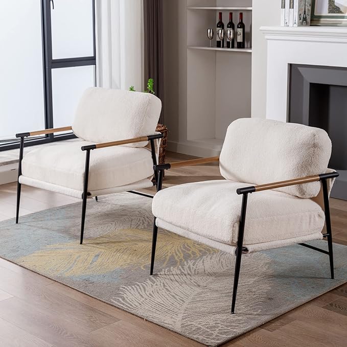 DUOMAY Mid-Century Modern Accent Chair Set of 2, Comfy Sherpa Sofa Lounge Chair Reading Corner Chair for Living Room Bedroom Office, Mid-Back Arm Chair with Black Metal Leg, White