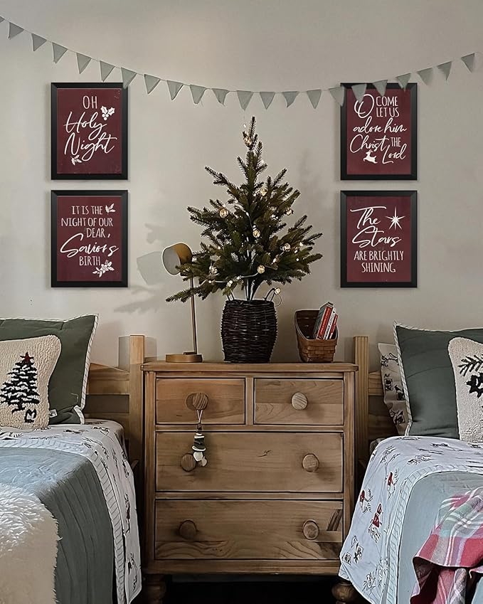 Wheatwin Vintage Christmas Wall Art Prints Set of 4, O Holy Night Sign, Christian Rustic Christmas Red Xmas Religious Decor for Bathroom Farmhouse Living Room Bedroom, 12x16 (Unframed)