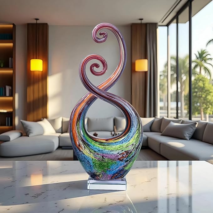 14″ Hand Blown Glass Art Sculpture with Fluid Design and Clear Square Base - Weatherproof Indoor & Outdoor Use Decor - Abstract Glass Art Piece