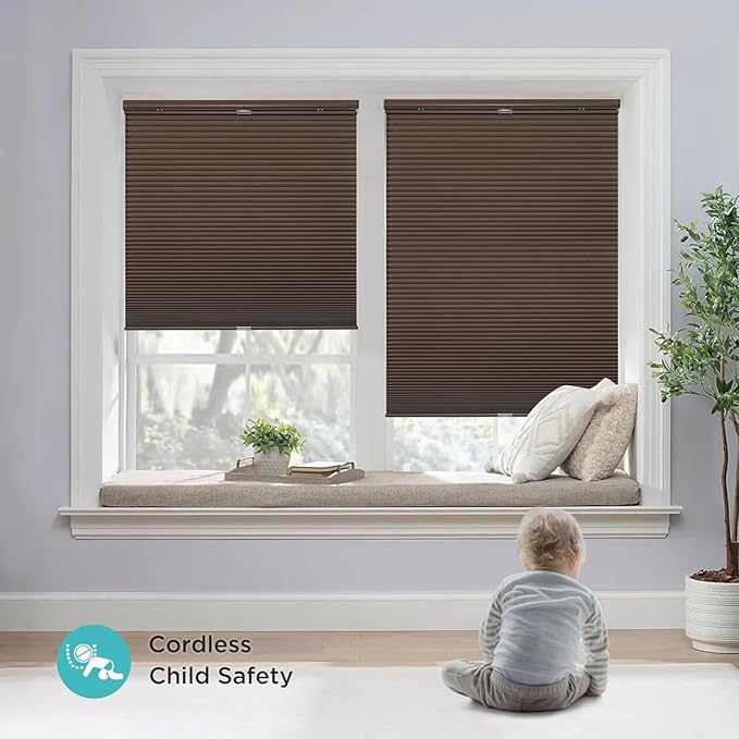 Joydeco No Tools No Drill Blinds for Indoor Windows, Cordless Window Blinds Cellular Shades Top Down Bottom Up Blackout Honeycomb Blinds Thermal Insulated Noise Reduction (Dark Brown, 46" W x 64" H)