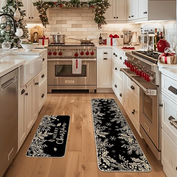 Artoid Mode Black Holly Pine Branches Merry Christmas Kitchen Mats Set of 2, Winter Decor Low-Profile Kitchen Rugs for Floor - 17x29 and 17x59 Inch