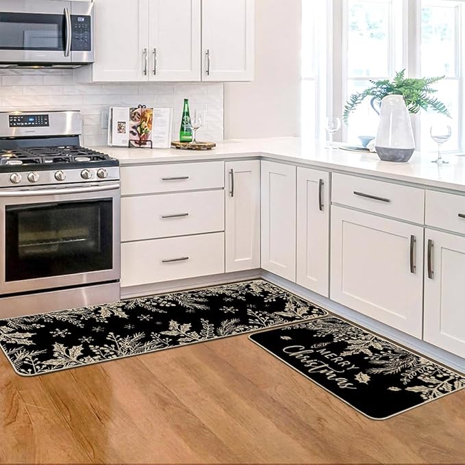 Artoid Mode Black Holly Pine Branches Merry Christmas Kitchen Mats Set of 2, Winter Decor Low-Profile Kitchen Rugs for Floor - 17x29 and 17x47 Inch