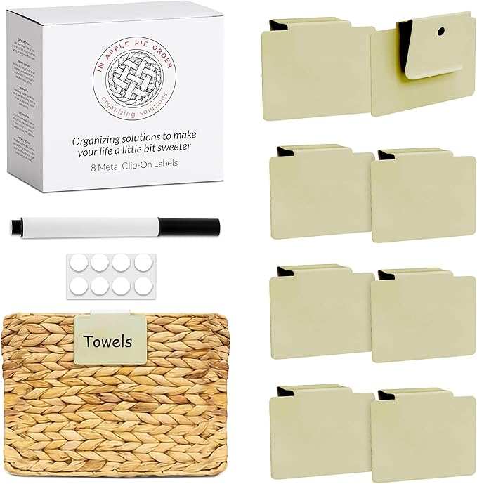 Labels for Storage Bins | Metal Storage Bin Clips (2.5โ x 3.5โ) - Set of 8 Basket Clip On Tags for Storage Bins w/Non-Slip Grip Pads & Dry Erase Marker - Removable Bin Labels for Storage Baskets